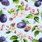 Apple tree branches and plums seamless pattern