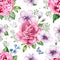 Apple tree, roses, hydrangea flowers petals and leaves in watercolor style on white background. Seamless pattern for