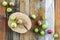 Apple tree stump and apples on rustic wooden background