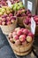 Apple varieties in row of bushel baskets
