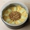 Apple and Walnut Cake Batter in Paper Lined Pan.