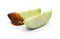 Apple wedges with sweet sauce on white background
