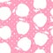 Apple white silhouette on a pink polka dot. Seamless pattern. Vector illustration.