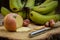 Apples, bananas, green, knife, texture, wood floors.