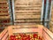 Apples in boxes are ready to ship. Interior of a warehouse for storage. Freshly harvested apples.