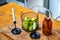 Apples and candles a wooden table. kitchen in a Scandinavian style