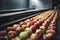 Apples in a food processing facility, clean and fresh, ready for automated packing.