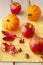 Apples and golden acorn squash on wood table