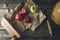 Apples, hard hat and tools at the work bench carpenter