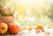 Apples, heather and Autumn leaves on a window board on a rainy d