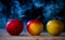 Apples like magic in the smoke fresh apples on the table on a dark background filled with magic smoke