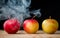 Apples like magic in the smoke fresh apples on the table on a dark background filled with magic smoke