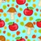 Apples, mushrooms and leaves seamless pattern, cartoon hand drawing, colorful autumn forest background. For the design of children