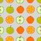 Apples and oranges seamless pattern. Pixel embroidery. Square. Vector