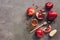 Apples, pomegranate and honey on a dark rustic background. New Year - Rosh Hashana. Traditional Jewish food. Top view, copy space