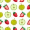 Apples and strawberries seamless pattern. Pixel Embroidery. Square. Vector