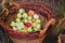 Apples in a wicker basket. Farm harvest and rustic style