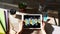 Application and diagrams on device screen. Business control panel and apps development concept.
