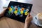 Application and diagrams on device screen. Business control panel and apps development concept.