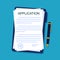 Application form on paper sheet. Agreement document in flat style. Legal paperwork with pen on isolated background. Insurance