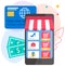 Application for online shopping on a screen. Phone on the background of banknotes and credit card