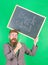 Apply for sensational educational offer. Man bearded teacher holds blackboard back to school inscription on green