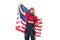 Applying for work visa USA. Man bearded laborer hold american flag. Repair and renovation. Repair tips. Guy worker in