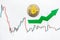 Appreciation of virtual money bitcoin. Green arrow and silver Bitcoin on paper forex chart index rating go up on exchange market