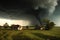 the approach of a huge tornado to a residential building on a farm in a field