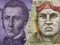 approach to chilean banknote of 2000 pesos and peruvian banknote of ten soles