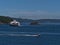 Approaching BC Ferries vessel Skeena Queen between islands near Swartz Bay, Vancouver island in Puget Sound, Salish Sea.