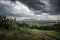 approaching storm clouds, with view of city skyline visible in the distance