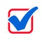 Approval check icon isolated, blue checkmark in red box, quality sign, tick â€“ vector