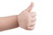 Approval thumbs up like sign, caucasian child hand gesture isolated over white