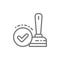 Approved, check mark stamp, verification, validation, quality control line icon.
