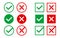 Approved and rejected icons on white backdrop. Green and red marks. Right and wrong symbols. Checkmark with circle or