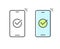 Approved trust check mark icon on mobile cell phone line outline art style vector or confirmed verified checkmark tick symbol on