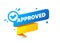 Approved vector label with check icon. Permission quality badge. Approve warranty banner.