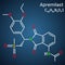Apremilast drug molecule. It is non-steroidal medication. Structural chemical formula on the dark blue background