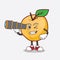 Apricot cartoon mascot character using a monocular