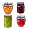 Apricot, cherry, strawberry and kiwi jam, marmalade in traditional jars