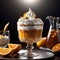 Apricot dessert with whipped cream in a glass and orange, apricot collage, 3D rendering, professional banner with copy space,