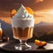 Apricot dessert with whipped cream in a glass and orange, apricot collage, 3D rendering, professional banner with copy space,