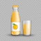 Apricot juice in a transparent glass bottle isolated in a glass cup on transparent background. Vector illustration