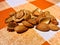 Apricot kernels and shells on tablecloth