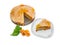 Apricot pie, piece of pie on plate, several fresh apricots