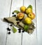 Apricots and black currant on a white wooden background