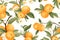 Apricots on branches with leaves, illustration pattern on white background. AI generative.