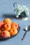 Apricots on the plate, white flowers on concrete background.