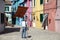 April 2018 venice tourist taking photo of typical colorful facade in Burano - italy